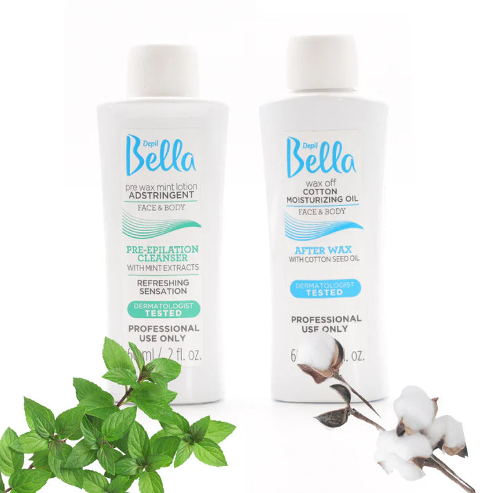 Depil Bella Waxing Bundle: Pre-Wax Astringent Lotion With Mint & Post Wax Oil With Cotton Seed, 60 ML Each